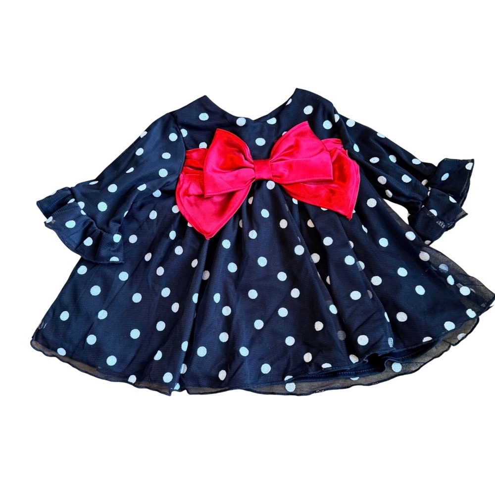 Rare Editions Baby Girls Black White Polka‎ Dot Dress Red Bow 12M Minnie Mouse